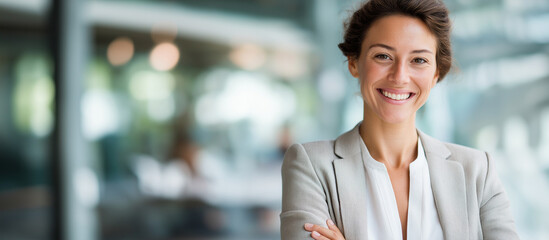 Faceless confident businesswoman standing smiling in modern office heavily defocused background anonymous professional radiating professionalism success and readiness in