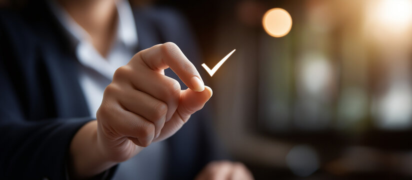 Compliance concept with faceless hand pointing on checkmark heavily defocused background anonymous person to approved implement standards requirement and regulation to work in