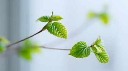 Close-Up of Fresh Green Leaves Budding on a Small Branch