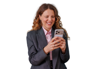 Smiling businesswoman reading message on smartphone, communicating, feeling happy and successful, transparent background
