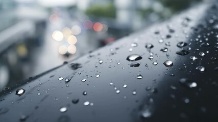 Medium shot of rain beading and rolling off a hydrophobic exterior coating on a sleek urban structure showcasing water repellent properties and maintenance ease.