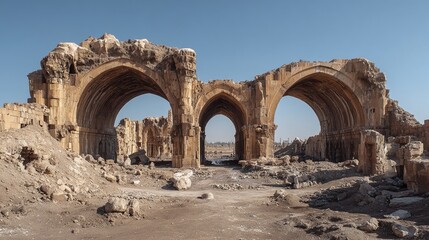 Ancient ruins stand against a clear sky, arches and weathered stone telling tales of time. A landscape of history and architectural heritage.