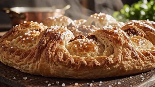 Close up of baked bread with sugar crystals on a wooden surface
