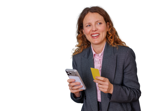 Happy businesswoman holding smartphone and credit card, shopping online or making secure purchases, transparent background - Powered by Adobe