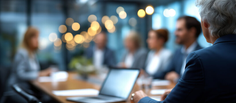 Blurred image of business meeting in modern office heavily defocused professional team discussion background around conference table in corporate environment workplace