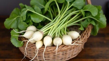 small white radish vegetables arranged in a brown wicker basket