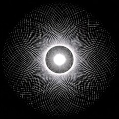 Radial pattern with emanating light. Thin white lines converge into a bright central point against a solid black background
