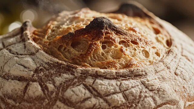 Close up of freshly baked crusty bread with detailed surface texture