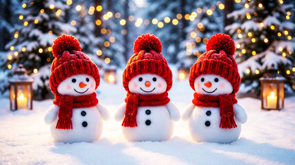 Obraz premium Cute Snowmen Wearing Red Knit Hats and Scarves in Winter Wonderland, Christmas Holiday Decoration, Festive Snow Scene with Warm Lights, Cozy Seasonal Background, New Year Celebration Concept