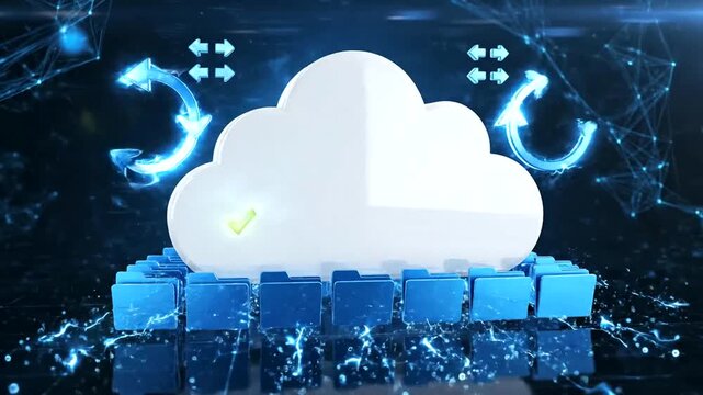 Cloud computing concept with data synchronization and network connections, representing modern digital storage and information exchange.