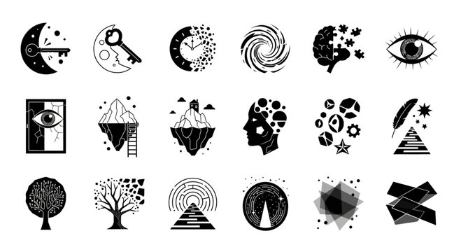 Abstract symbols representing concepts like time, mind, dreams, and journey, ideal for creative design projects and innovative branding.