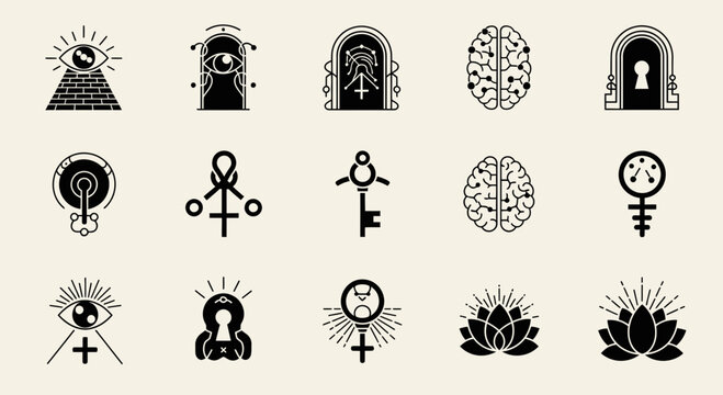 Mystical modern iconography collection featuring esoteric symbols, keys, brains, and spiritual lotus flowers for unique design projects