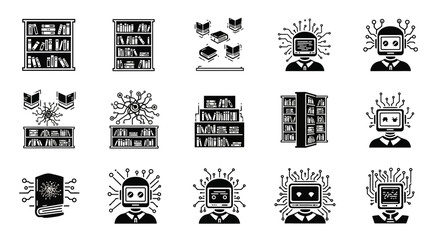 Knowledge and artificial intelligence fusion with bookshelves and robotic figures representing innovation, learning, and future technology © MUHRODIN