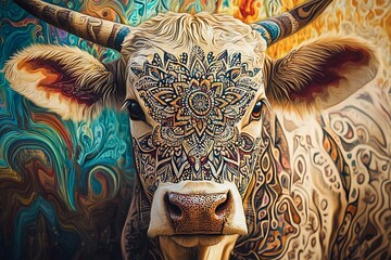 A close-up shot of a cow with intricate mandala patterns on its face, set against an abstract and colorful background that enhances the artistic vibe of the image.