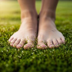 Bare feet standing on fresh green moss in natural sunlight  