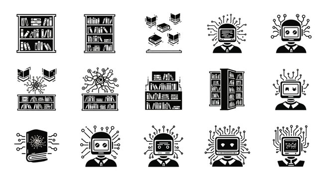 Knowledge and artificial intelligence fusion with bookshelves and robotic figures representing innovation, learning, and future technology