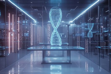 Futuristic Laboratory Interior: Glowing Blue DNA Helix, Genetic Engineering, Biotechnology Research, Modern Science Innovation.