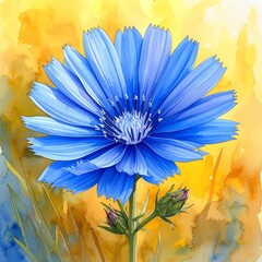Radiant azure bloom with delicate petals against a vibrant, textured golden backdrop, enhanced by botanical illustration