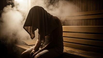 Person sitting on bench with towel over head in steamy sauna  