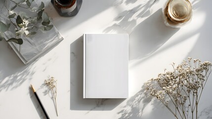 Flat Lay of Blank Open Book with Flowers and Coffee