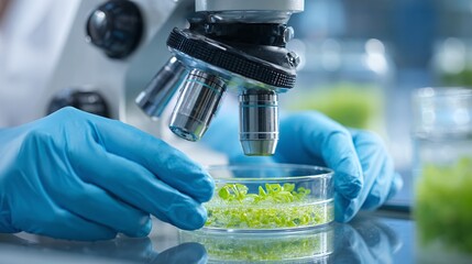 Close-up of a scientist in blue gloves analyzing green plant samples under a microscope in a laboratory, focusing on botanical research and development. #science