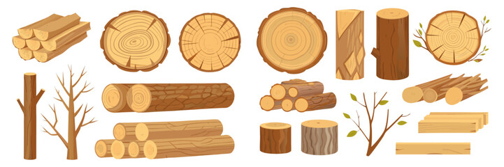 Flat vector wood illustration set with logs, tree stumps, planks, branches with leaves, wood slices