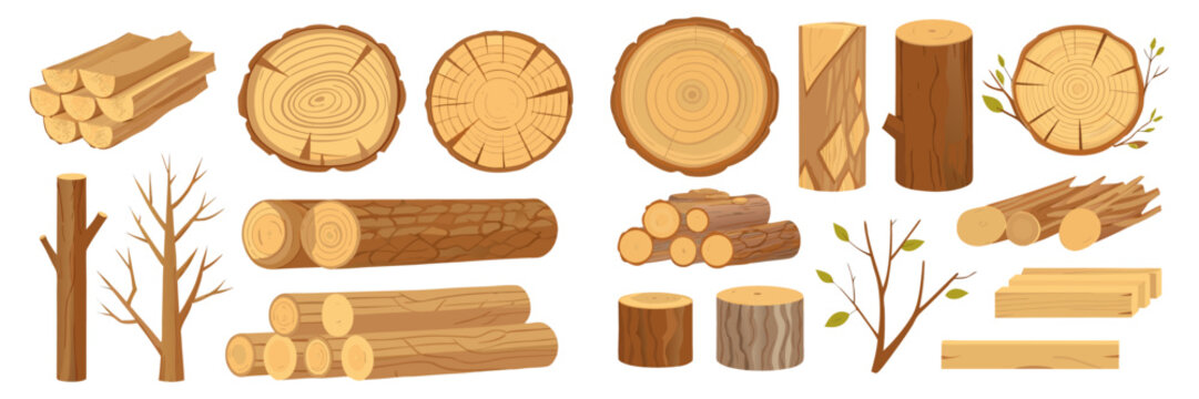 Flat vector wood illustration set with logs, tree stumps, planks, branches with leaves, wood slices