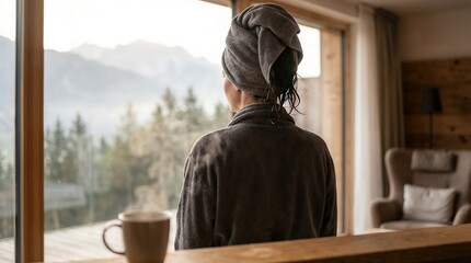 Woman with wet hair wrapped in towel looking out window at mountains  