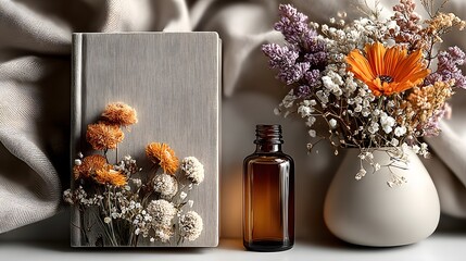 Flat Lay of Blank Open Book with Flowers