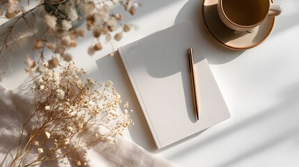 Flat Lay of Blank Open Book with Flowers and Coffee