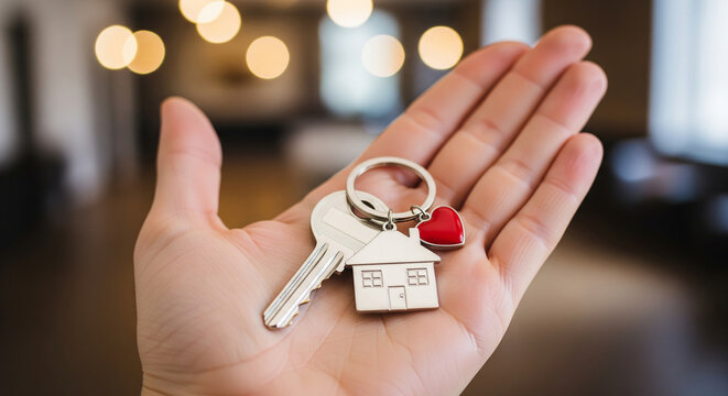 Hand Holding House Keys With Red Heart Keychain In Blurred Interior
