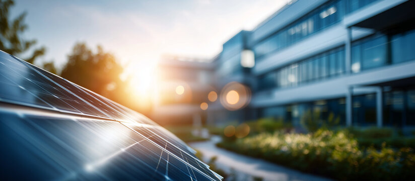 Modern company with photovoltaic system heavily defocused background solar panel installation renewable energy sustainable corporate architecture green business infrastructure