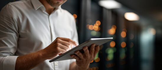 Faceless IT professionals using tablet computer heavily defocused data center background anonymous engineer and consultant standing in office above servers developing automation