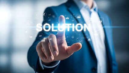 Person touching screen with the word SOLUTION