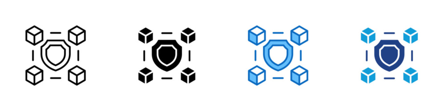 Blockchain Protection Multiple Style Icon Design Vector - shield surrounded by connected blocks, representing decentralized security, data integrity, and network trust