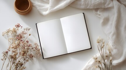 Flat Lay of Blank Open Book with Flowers and Coffee