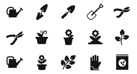 Essential gardening tools and supplies for a flourishing garden featuring watering can, shovel, pruners, seeds and gloves, originally a scalable vector graphic