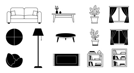 Elegant living room furniture set, a modern collection of a sofa, tables, plants, windows, and bookshelves for sophisticated interior designs © MUHRODIN