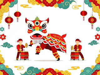 Naklejka premium Flat design illustration vector of a vibrant lion dance performance with two drummers, surrounded by colorful lanterns and decorations on a white background.