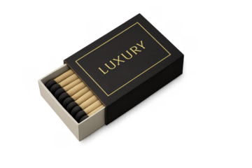 Luxury matchbox with black and gold matches on transparent background