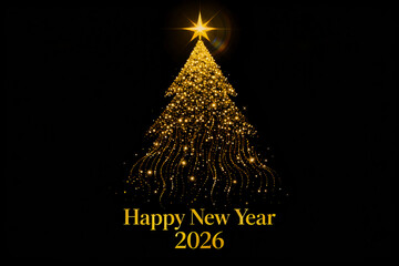 Happy New Year 2026 Golden Glitter Christmas Tree on Black Background