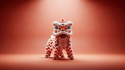 This vibrant miniature chinese lion dance figure stands centered under a soft spotlight in a festive red studio setting.