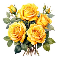 Radiant bouquet of vibrant yellow roses with verdant leaves on a clean white backdrop