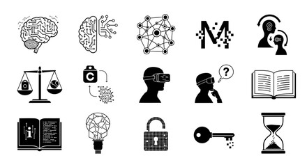 AI learning innovation and futuristic technology symbols for modern concepts, showcasing machine learning, virtual reality, and information processing for cutting-edge industries