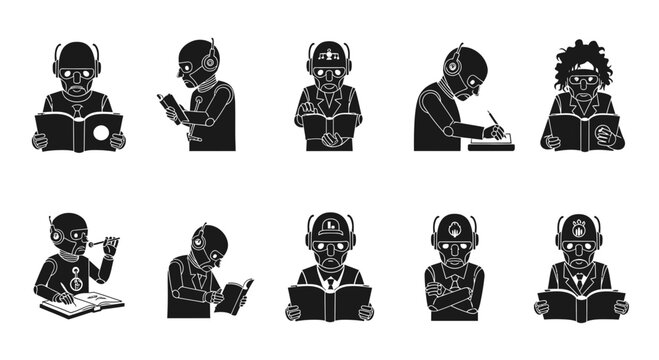 Futuristic robot students learning and studying together diligently, engaging with books and writing, perfect for educational resources and technology themes