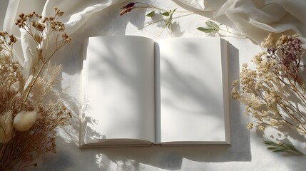 Flat Lay of Blank Open Book with Flowers