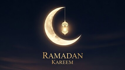 A serene night scene featuring a glowing crescent moon with a lantern hanging from it, set against a dark background with clouds, symbolizing Ramadan Kareem celebrations.