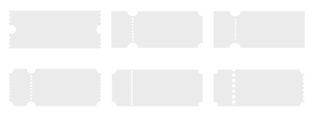 set of blank paper sheets, White ticket and coupon vector collection PNG. Isolated blank paper forms for events, movies, theater, flights, or vouchers. Minimalist mockups with perforated edges