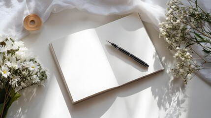 Flat Lay of Blank Open Book with Flowers