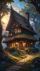 Quaint cottage in forest, stone path, vibrant flowers, thatched roof, glowing windows under a serene sky